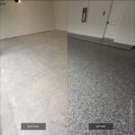 Garage floor transformation showing before and after polyaspartic coating by Checkmate Coatings.