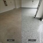 Garage floor before and after polyaspartic coating by Checkmate Coatings, showcasing transformation from plain concrete to durable, textured finish.