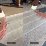 Comparison of concrete steps before and after coating by Checkmate Coatings at a pool deck area.