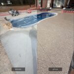 Before and after images of a pool deck renovation by Checkmate Coatings, showing a transition from plain concrete to a textured, decorative coating.