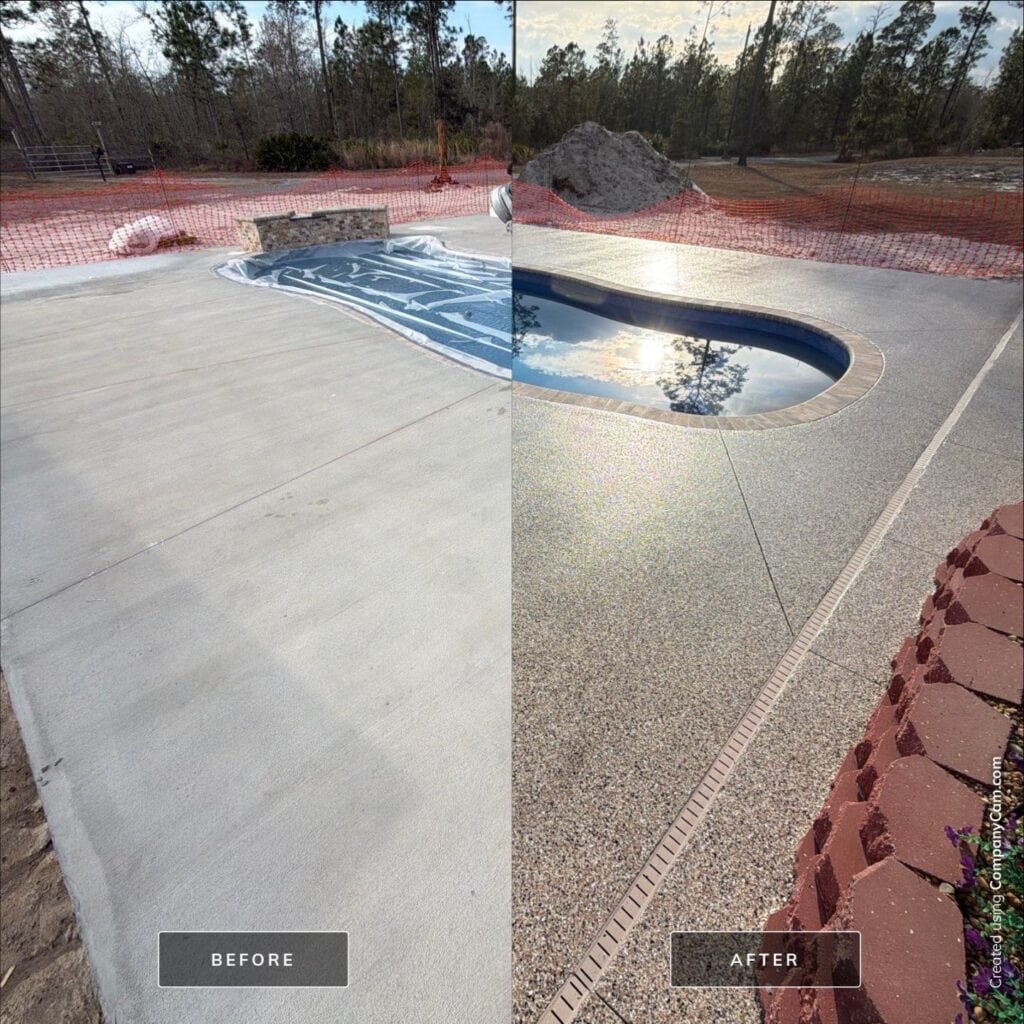 Comparison of pool deck surface before and after coating by Checkmate Coatings, showing a significant transformation with enhanced durability and aesthetics.