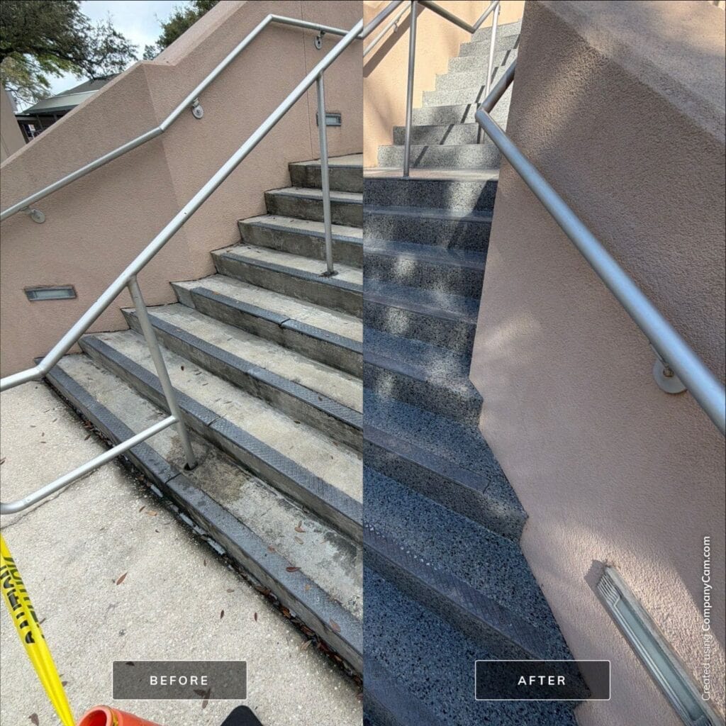 Staircase before and after coating restoration showing improved appearance and durability.
