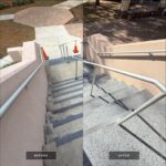 Staircase with handrails before and after coating renovation, with orange cones at the top, in an outdoor setting.