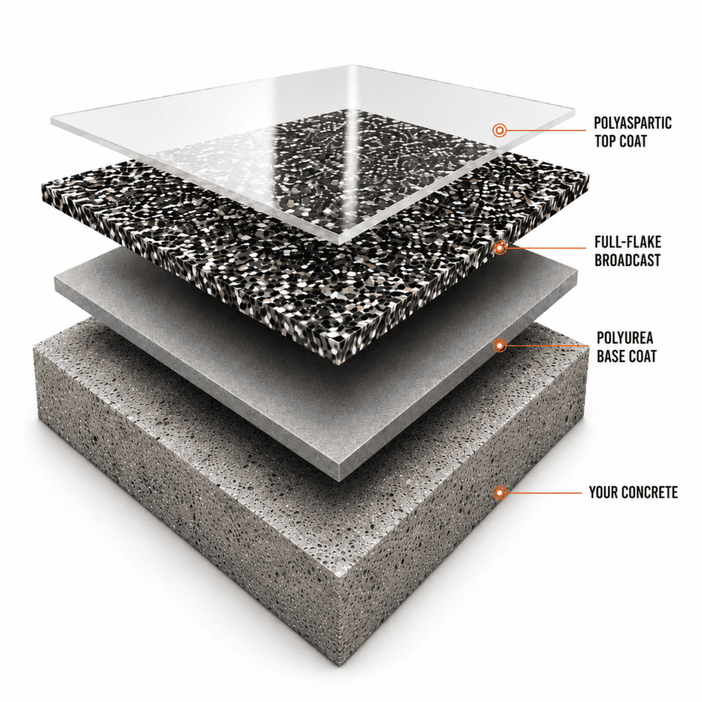 Layered concrete coating system with polyaspartic top coat, broadcast layer, polyurea base coat, and concrete base.