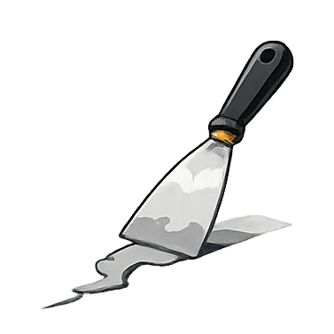 Putty knife spreading white paint or coating on a surface, used in professional painting and coating services.