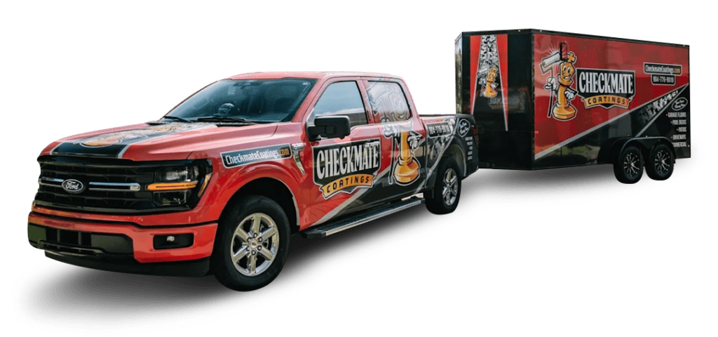Checkmate Coatings branded truck and trailer showcasing professional vehicle wrapping services.